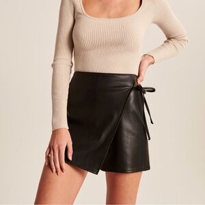 Black Faux Leather Wrap Skort
